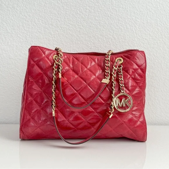 Michael Kors Susannah Red Quilted Chain Shopper Tote Bag